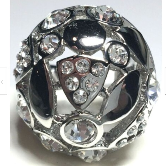 Silver Art Deco Dome Cocktail Ring Size 6 7 8 Rhodium Plated Statement Crystal - Picture 3 of 8